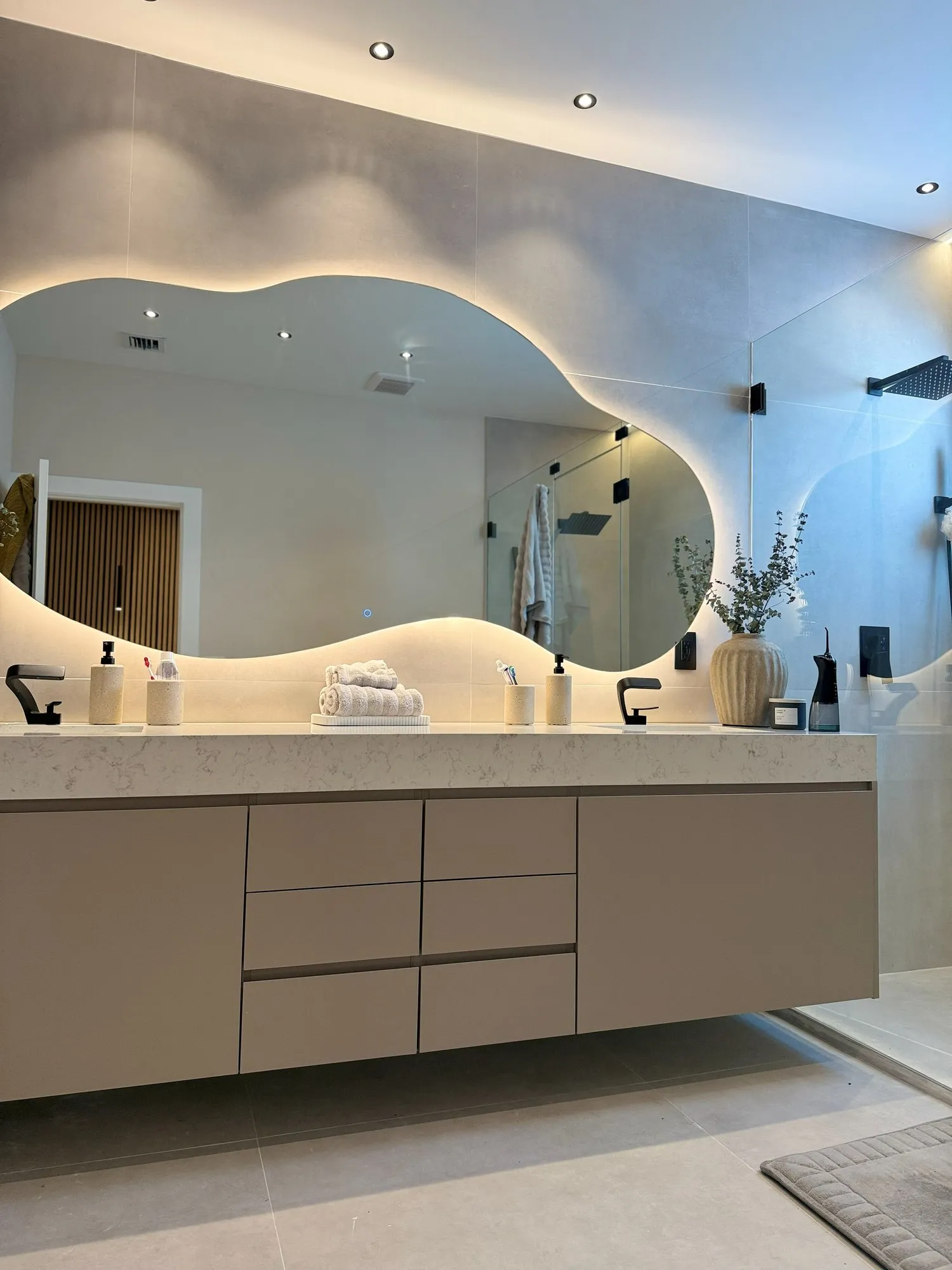 Floating double vanity, finished