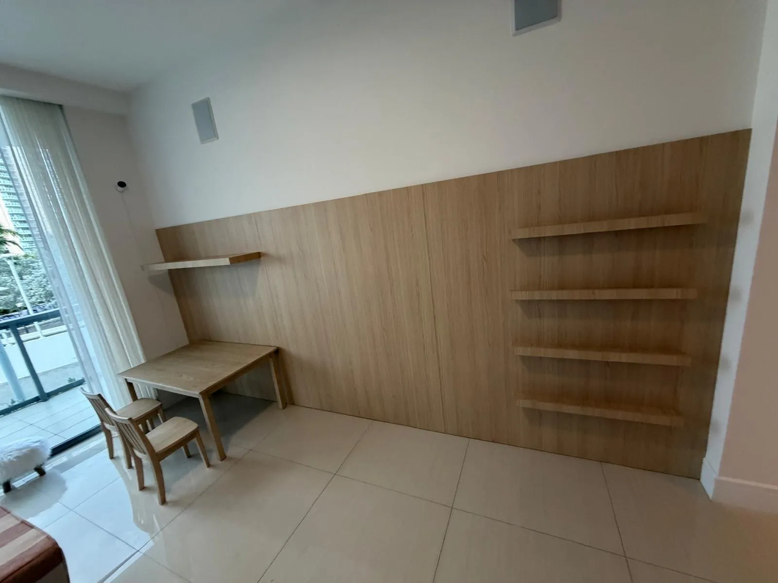 Study wall with desk & shelves, after
